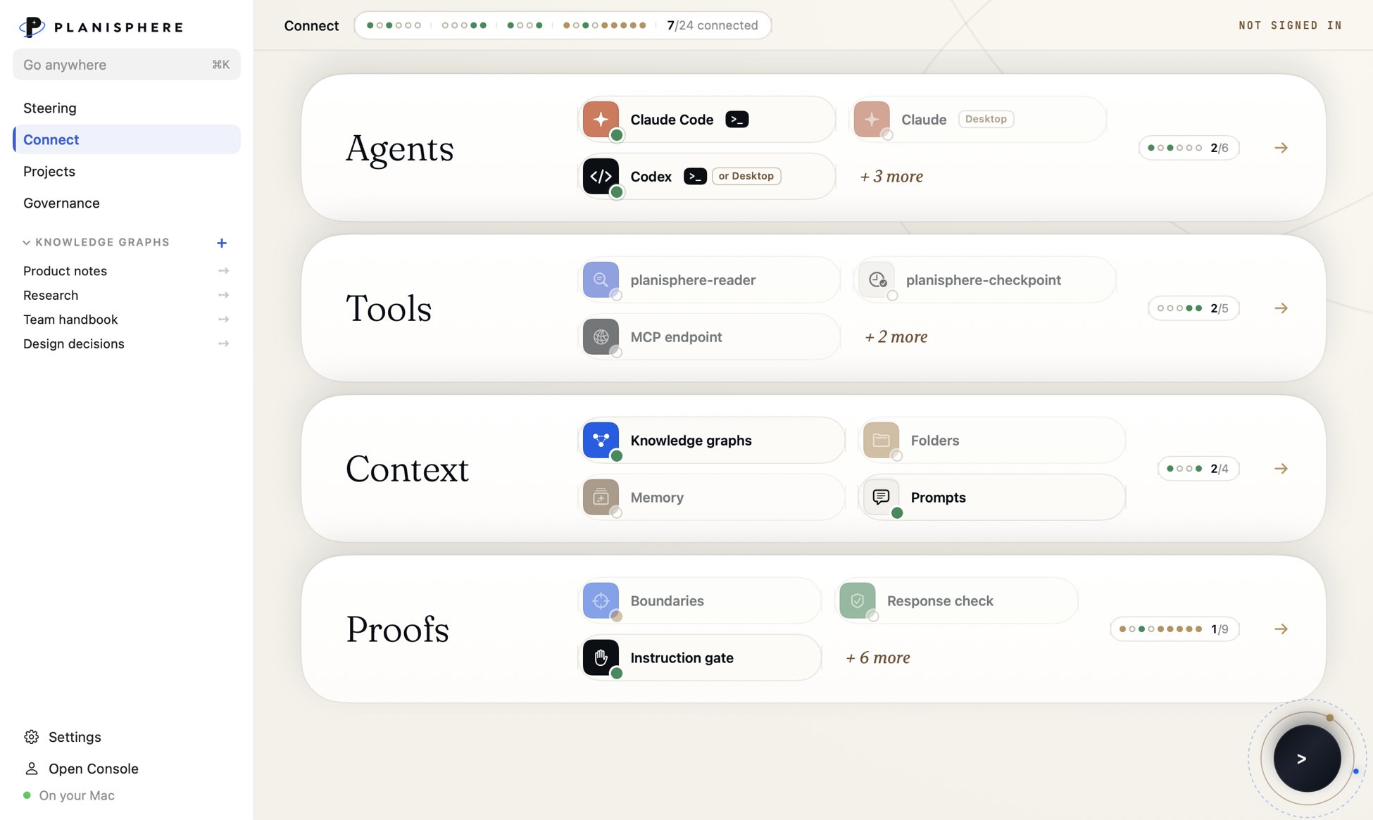 The Connect board: agents, tools, context and proofs