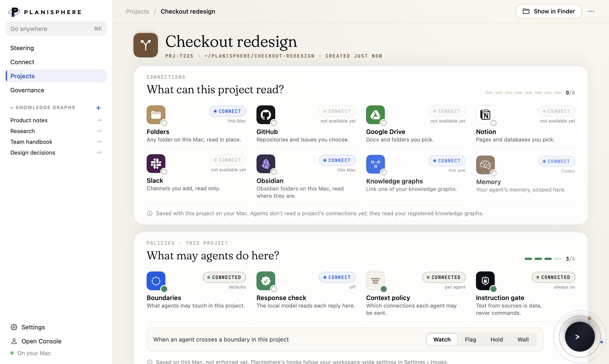A project page: what this project can read, and what agents may do here